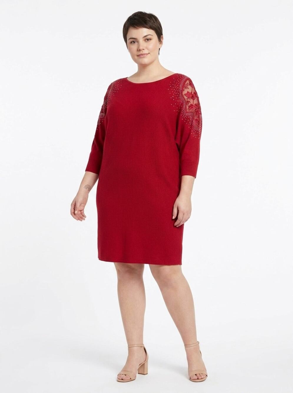 Tahari Red Knit Rhinestone Lace Dolman Sweater Dress Women Plus Size 2X